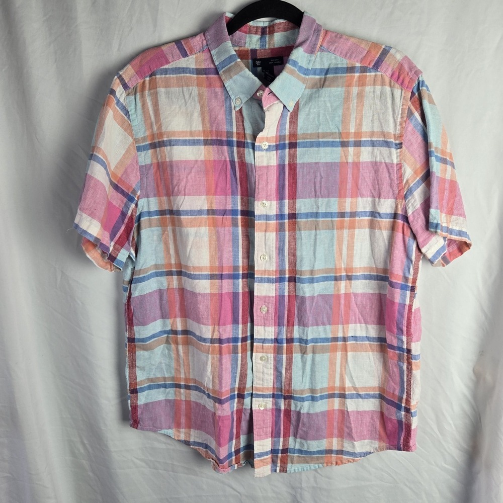 GAP Plaid Classic Fit Short Sleeve Linen Blend Shirt Large Preppy Hipster Easter